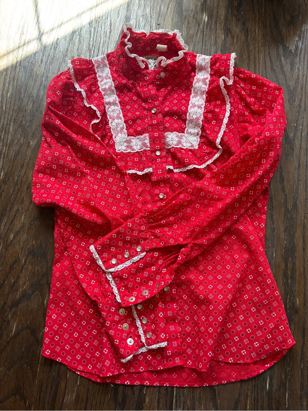 Vintage Western Bandana style Lace-Trim Button-Down Blouse